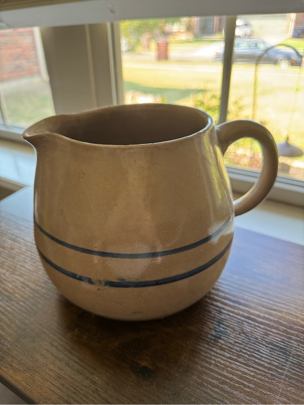 Vintage Stoneware Pitcher Crock | Blue Double Stripe Farmhouse Utensil Holder